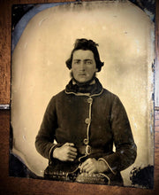 Load image into Gallery viewer, Neff’s Patent 1850s 1/6 Tintype Man Wearing Heavy Hunting Or Military? Coat