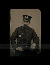 Load image into Gallery viewer, Excellent Antique Tintype Photo Victorian Policeman Painted Gold Badge Insignia