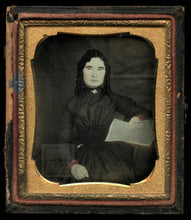 Load image into Gallery viewer, 1850s Daguerreotype Pretty Woman Tinted Red Cuffs Holding Newspaper Glen Falls