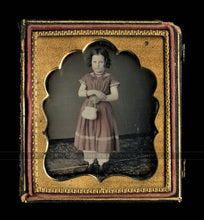 Load image into Gallery viewer, Daguerreotype Little Girl Tinted Pink Dress Holding Basket Wisconsin 1850s