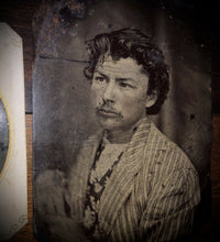 Load image into Gallery viewer, 3 Tintype Photo Memphis Tennessee Man Reading Newspaper Tinted Sombrero 1800s