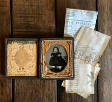 Load image into Gallery viewer, 1860s Tintype Cute Little Girl Tinted Cheeks Dated Newspaper Pieces Inside Case