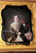 Load image into Gallery viewer, Beautiful Daguerreotype Pretty Woman Holding Fan, Crystal Vase, Tinted Flowers!