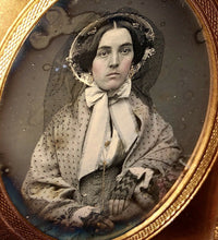 Load image into Gallery viewer, 1850s Daguerreotype Pretty Woman Gold Jewelry Bonnet Lace Veil! Sealed