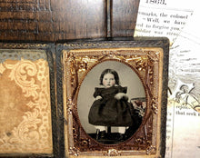 Load image into Gallery viewer, 1860s Tintype Cute Little Girl Tinted Cheeks Dated Newspaper Pieces Inside Case