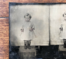 Load image into Gallery viewer, Unusual Uncut Unique 1860s 1870s Grumpy Little Boy in Dress Antique Tintype Photo