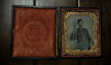 Load image into Gallery viewer, 1/6 Tintype Armed Civil War Soldier Holding Rifle, Tinted Zouave 1860s Photo