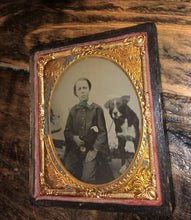 Load image into Gallery viewer, Tinted Ambrotype Boy Holding His Dog on Leash, Hand Painted Flowers - Excellent!
