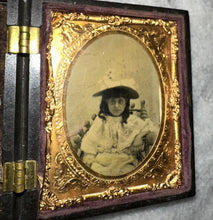 Load image into Gallery viewer, antique tintype photo girl wearing big hat in thermoplastic case 1/9 plate