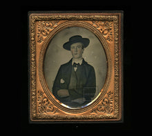 Load image into Gallery viewer, Ambrotype Handsome Man Wearing Hat Tinted Cheeks 1850s - Ace of Clubs Card??