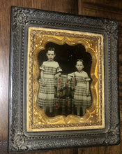 Load image into Gallery viewer, 1/6 Tinted Ruby Ambrotype of Little Girls in Thermoplastic Wall Frame / 1850s