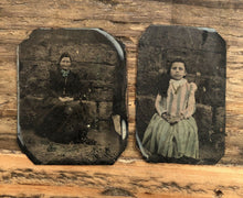 Load image into Gallery viewer, rural texas woman & girl posed in front of sod house tinted 1800s tintype photo