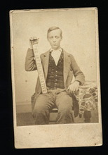 Load image into Gallery viewer, Dated CDV ID'd Young Man Holding Art Preservative Advertising 1860s Wisconsin