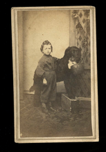Load image into Gallery viewer, 1860s CDV Photo Little Boy & Dog Holding Basket in Mouth Waterville New York