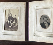 Load image into Gallery viewer, 1860s 1870s Photo Album with Tintypes & CDVs Civil War Tax Stamps Ohio Antique