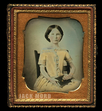 Load image into Gallery viewer, 1/6 Daguerreotype Pretty Girl Painted Gold Jewelry Tinted Yellow Dress! Old Seal