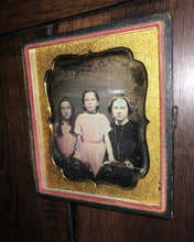 Load image into Gallery viewer, tinted daguerreotype woman & daughters, older with long ringlet curls in hair