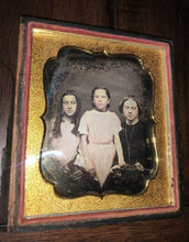 Load image into Gallery viewer, tinted daguerreotype woman & daughters, older with long ringlet curls in hair