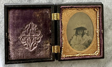 Load image into Gallery viewer, antique tintype photo girl wearing big hat in thermoplastic case 1/9 plate