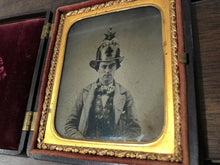 Load image into Gallery viewer, Antique 1850s Ambrotype Photo Fireman in ALERT Lion Helmet 4 HOSE + Firemen Case