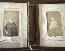 Load image into Gallery viewer, 1860s 1870s Photo Album with Tintypes & CDVs Civil War Tax Stamps Ohio Antique