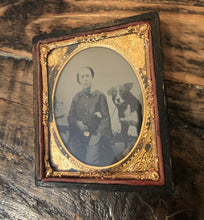 Load image into Gallery viewer, Tinted Ambrotype Boy Holding His Dog on Leash, Hand Painted Flowers - Excellent!