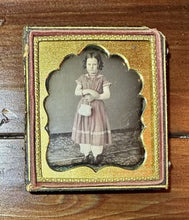 Load image into Gallery viewer, Daguerreotype Little Girl Tinted Pink Dress Holding Basket Wisconsin 1850s