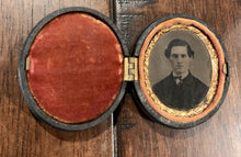 Load image into Gallery viewer, Miniature Tintype Photo of a Man Oval Union Case Dated 1865 Civil War Tax Stamp