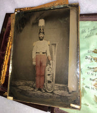 Load image into Gallery viewer, 1/4 tinted ambrotype civil war soldier musician holding OTS saxhorn 1860s Photo