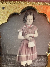 Load image into Gallery viewer, Daguerreotype Little Girl Tinted Pink Dress Holding Basket Wisconsin 1850s