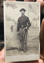 Load image into Gallery viewer, Excellent CDV Armed Civil War Soldier Camp Backdrop Virginia Photographer 1860s