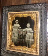 Load image into Gallery viewer, 1/6 Tinted Ruby Ambrotype of Little Girls in Thermoplastic Wall Frame / 1850s