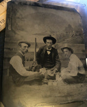 Load image into Gallery viewer, 1/4+ antique tintype photo cigar smoking poker player shotgun 1800s