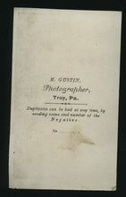 Load image into Gallery viewer, weird 1860s cdv photo dunce or clown & woman with parasol torn painted backdrop