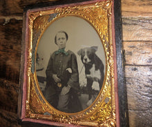 Load image into Gallery viewer, Tinted Ambrotype Boy Holding His Dog on Leash, Hand Painted Flowers - Excellent!