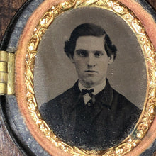 Load image into Gallery viewer, Miniature Tintype Photo of a Man Oval Union Case Dated 1865 Civil War Tax Stamp