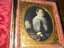 Load image into Gallery viewer, Daguerreotype Folk Art Painting Woman Holding Flowers #3828 Unusual Creepy 1800s