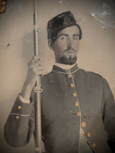 Load image into Gallery viewer, 1/6 Tintype Armed Civil War Soldier Holding Rifle, Tinted Zouave 1860s Photo
