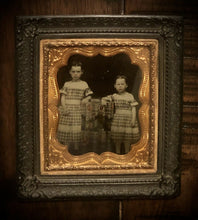 Load image into Gallery viewer, 1/6 Tinted Ruby Ambrotype of Little Girls in Thermoplastic Wall Frame / 1850s