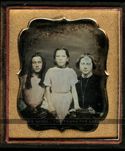 Load image into Gallery viewer, tinted daguerreotype woman & daughters, older with long ringlet curls in hair