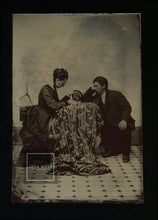 Load image into Gallery viewer, Rare 1860s Tintype Photo Woman Using Sewing Machine as Man Watches Seamstress