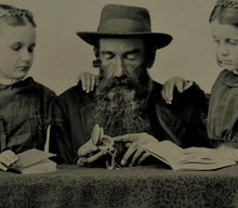 Load image into Gallery viewer, tintype man & Girls holding open watch or photo locket 1800s Unusual Mourning?