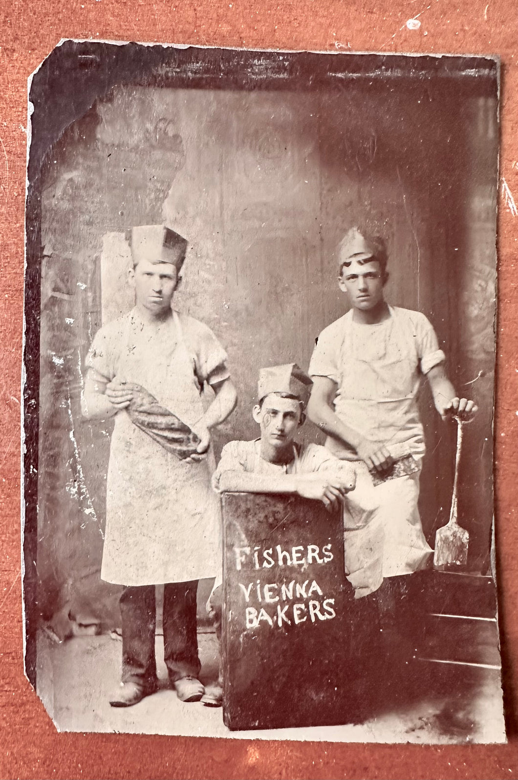 Occupational Tintype Photo Bakers With Advertising Sign And Tools 1800s