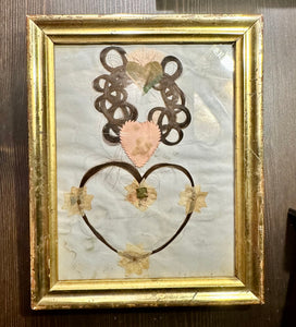 Antique Burning Hearts Hair Memorial in Frame / 1830s Ohio / Two ID'd People
