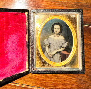Tinted Ambrotype Photo Pretty Little Girl Leather Case Color 1850s Rare