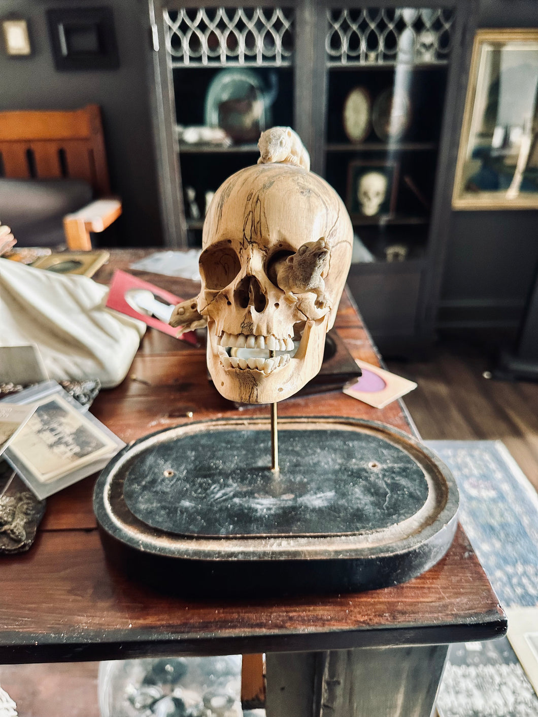 Hand Carved Wood Memento Mori Skull on Base