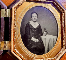 Load image into Gallery viewer, Unusual Tintype Girl Bird Perched In Hand Nice Octagonal Union Case 1850s Photo
