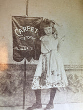 Load image into Gallery viewer, Missouri Banner Girl Holding Carpet Seller Sign! Cabinet Card Photo, 1890s
