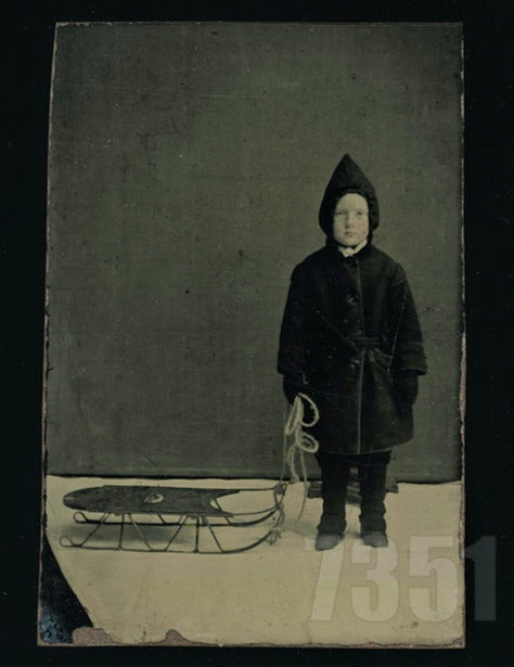 Great Tintype Glum Little Boy with his Toy Sled 1870s Photo