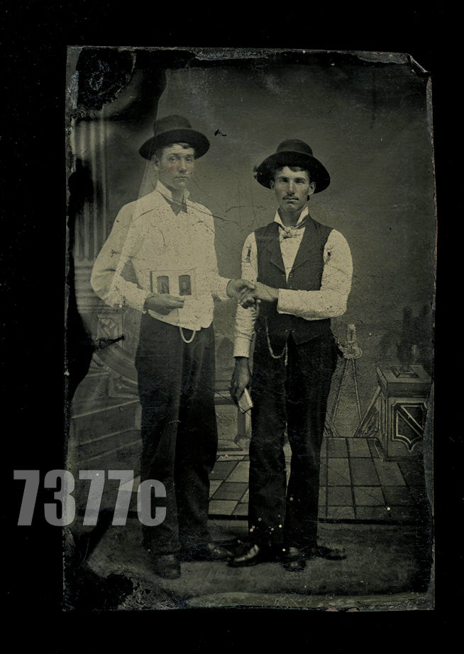 Two Men Friends Holding Hands One Holding Photos PIP 1870s Tintype